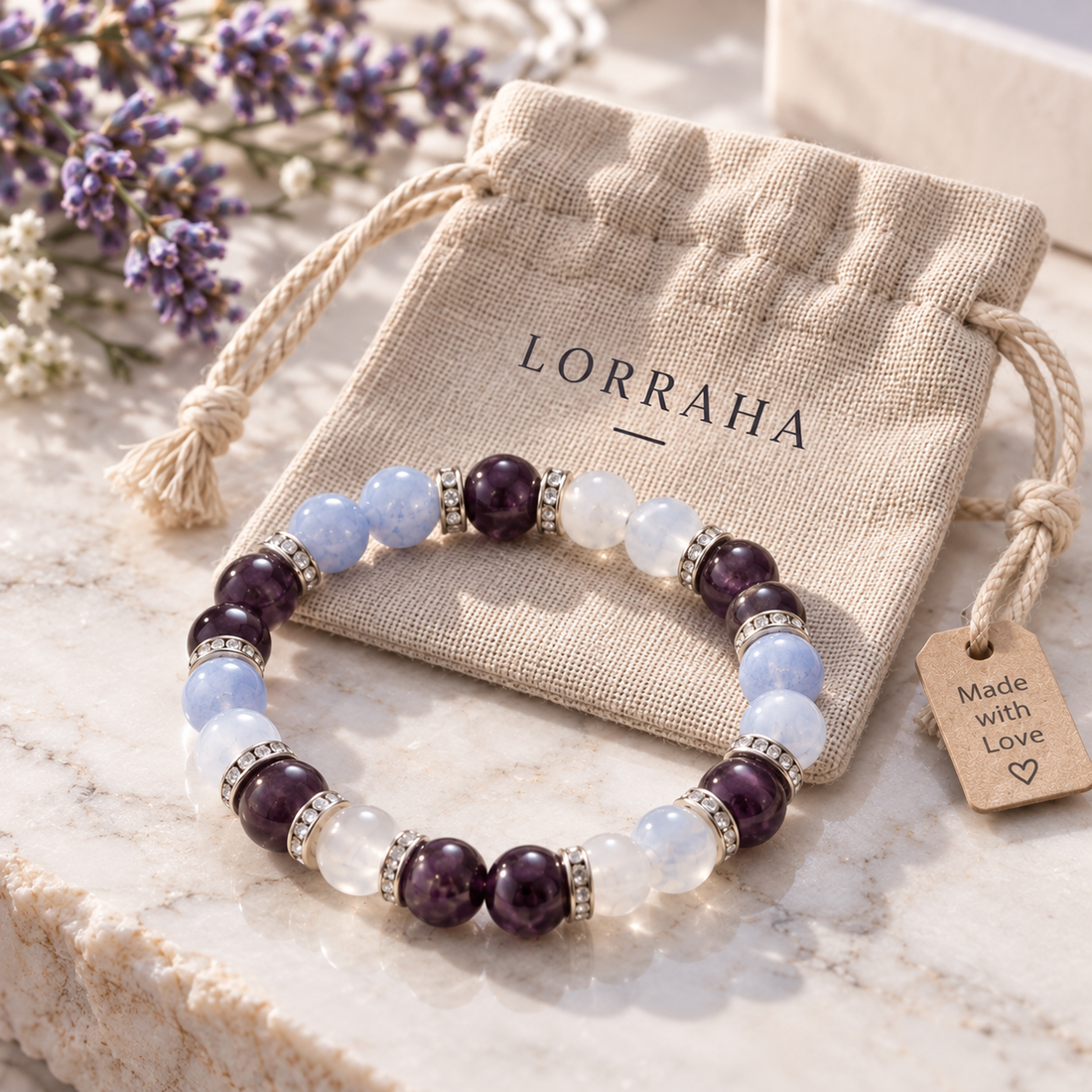 Bracelet LORRAHA posé sur sa pochette en tissu, devant sa boîte