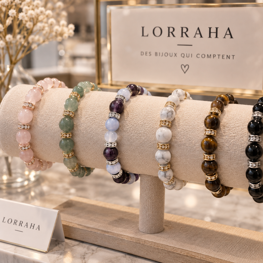 Plusieurs bracelets LORRAHA présentés sur un présentoir